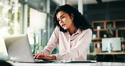 Buy stock photo Business woman, laptop and multitasking with phone call at office for finance review or schedule. Female person, accountant or financial advisor talking on mobile smartphone for project or update