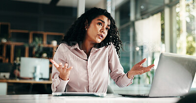 Buy stock photo Phone call, laptop and confused with business woman in office for networking, schedule negotiation and contact. Client appointment, multitask and plan with person as virtual consultant and research