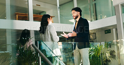 Buy stock photo Office, colleagues and people with idea, teamwork or planning for sales pitch or marketing strategy. Talk, man and collaboration with woman for project, brand specialist and conversation in business