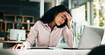 Frustrated woman, headache or stress with laptop at office for mistake, fatigue or burnout. Tired, female person or employee with migraine or anxiety for company fail, strain or pressure at workplace