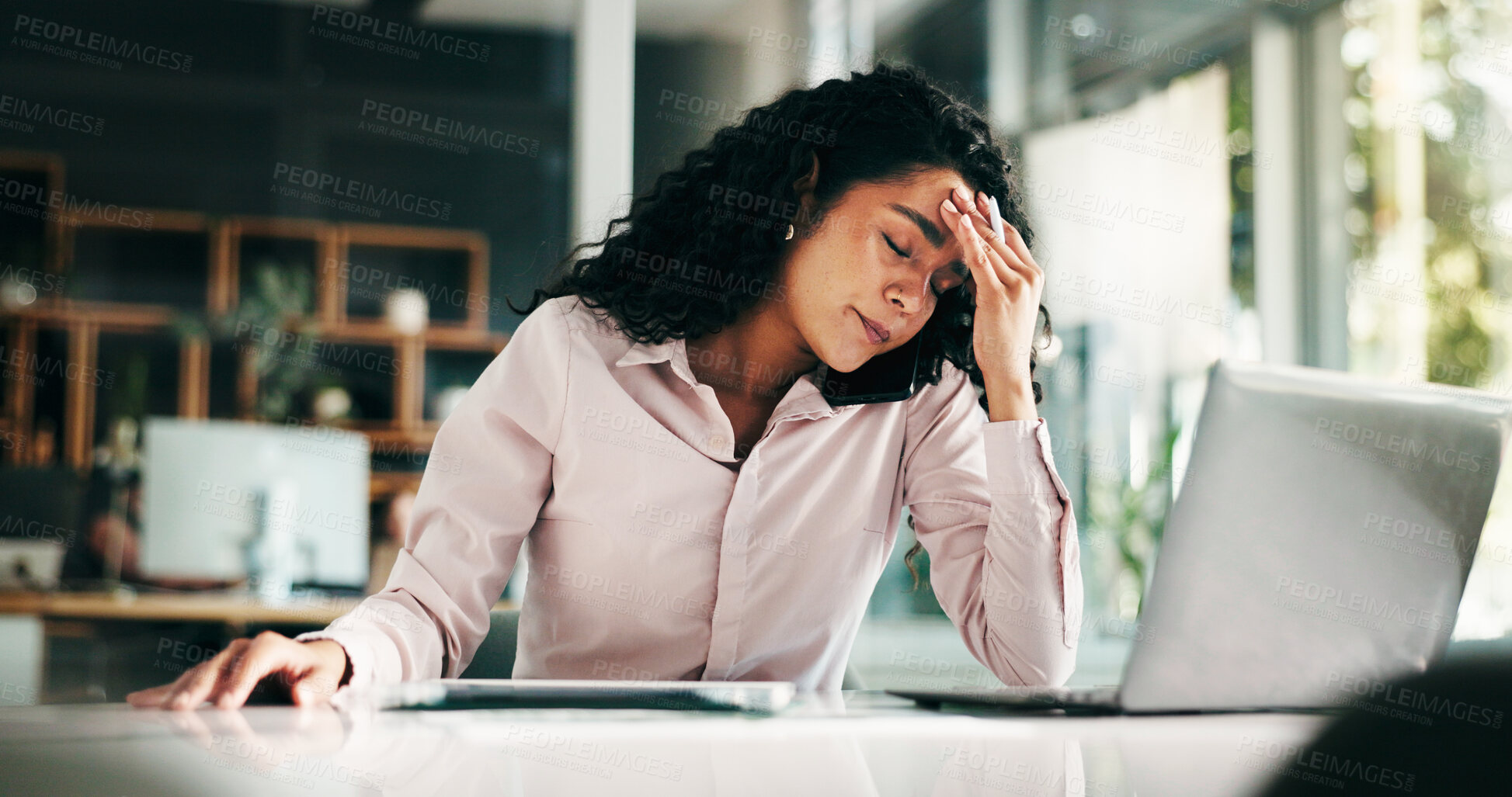 Buy stock photo Frustrated woman, headache or stress with laptop at office for mistake, fatigue or burnout. Tired, female person or employee with migraine or anxiety for company fail, strain or pressure at workplace