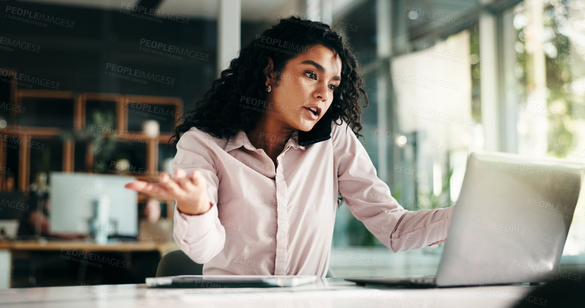 Buy stock photo Phone call, laptop and negotiation with business woman in office for networking, schedule conflict and contact. Client appointment, multitask and plan with person as virtual consultant and research
