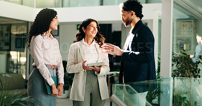 Buy stock photo Businessman, women and discussion in lobby with team, tablet and happy for deal at insurance agency. People, group and leader with staff, planning and talk with smile, agenda or support at office