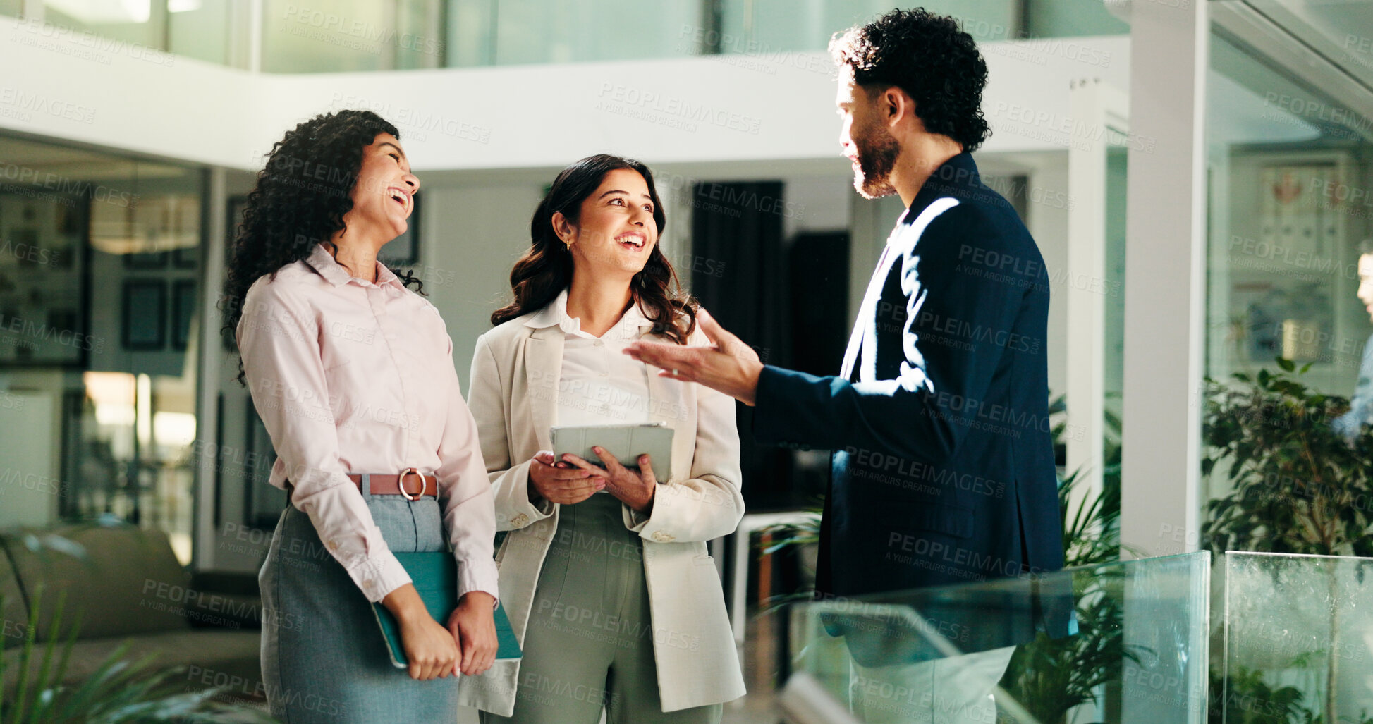 Buy stock photo Business man, women and happy in lobby with team, tablet and talk for deal at insurance agency. People, group and leader with staff, planning and start morning with smile, agenda or support at office