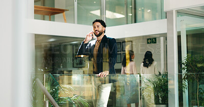 Buy stock photo Business man, happy and phone call at startup with smile for contact, lead or negotiation at office. Person, smartphone and listen with proposal, discussion or deal for funding at creative agency