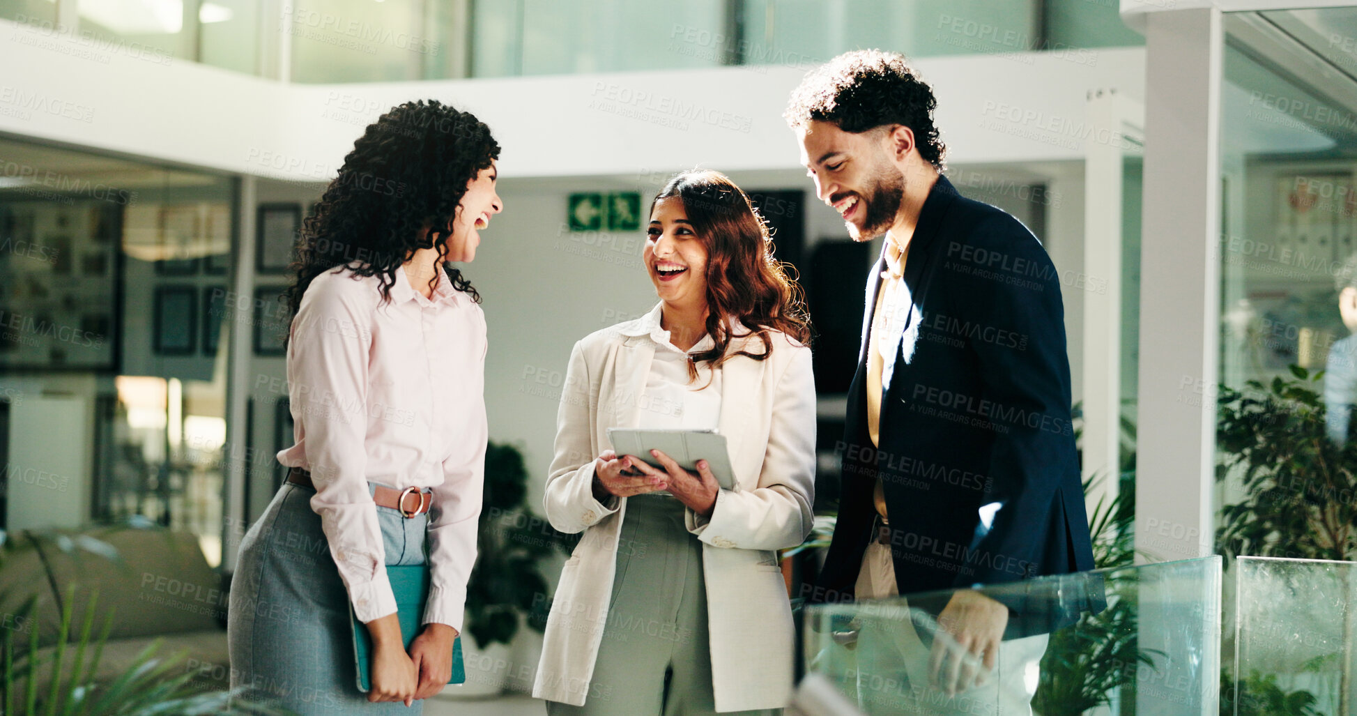 Buy stock photo Laughing, group and colleagues with tablet, office and humor for project, collaboration and meeting. Happy, marketing coordinator and people with tech for campaign, teamwork and employees with jokes