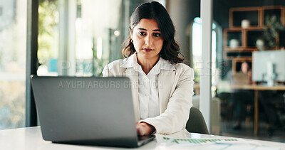 Buy stock photo Auditor, businesswoman and typing on laptop in office for account management or finance report. News, budget or accountant with technology for taxes compliance, investment project or auditing update