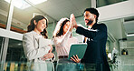 Teamwork, business people and high five with tablet for success, milestone or accomplishment. Happy workers, hands together or celebration with tech in office for good news, goal achievement or win