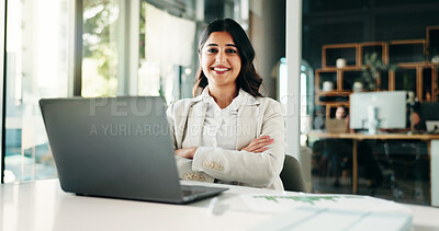 Buy stock photo Portrait, arms crossed or happy businessman with laptop for budget savings, auditing or finance career. Financial review, proud or investment banker in office for wealth management, taxes and equity