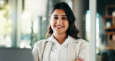 Buy stock photo Portrait, finance or happy businesswoman with confidence for budget savings, auditing or career. Financial review, auditor or proud investment banker in office for wealth management, taxes and equity