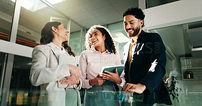 Buy stock photo Laughing, group and collaboration with tablet, office and humor for project, colleagues and meeting. Happy, marketing coordinator and people with tech for campaign, teamwork and employees with jokes