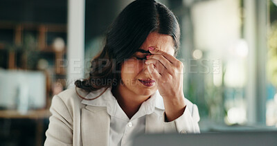 Buy stock photo Frustrated woman, headache or stress with laptop for mistake, fatigue or burnout at office. Tired, female person or employee with migraine or anxiety for company fail, strain or pressure at workplace