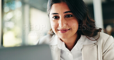 Buy stock photo Reading, businesswoman and research on laptop for account management or finance report. Auditor, budget or accountant with technology or smile for taxes compliance, investment project or auditing