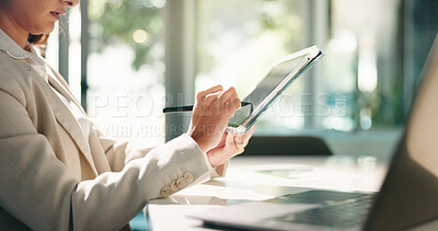 Buy stock photo Business woman, hands and writing with tablet at office for schedule reminder, report or design. Female person, stylus or research with technology or pen for project, tasks or agenda at workplace