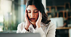 Business woman, headache or stress with vertigo for mistake, fatigue or burnout at office. Tired, female person or employee with migraine or anxiety for dizziness, strain or pressure at workplace