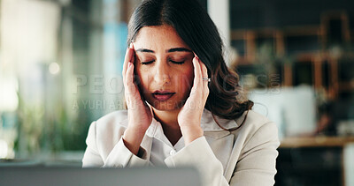 Buy stock photo Business woman, headache or stress with vertigo for mistake, fatigue or burnout at office. Tired, female person or employee with migraine or anxiety for dizziness, strain or pressure at workplace