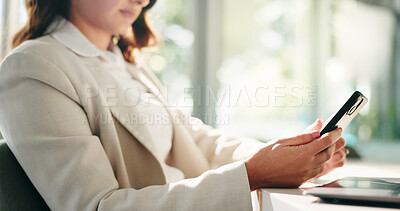 Buy stock photo Hands, business and woman in office, smartphone or texting with email for stock market. Scroll, person or employee in workplace, cellphone or accounting with digital app, online chatting or internet