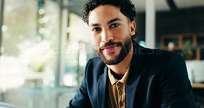 Buy stock photo Portrait, finance or confident businessman with smile for budget savings, loan help or career. Financial review, proud or investment banker in office for wealth management, taxes or profit growth