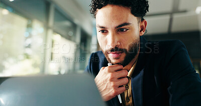 Buy stock photo Reading, businessman or research on laptop for thinking, account management or audit report. Auditor, budget or finance accountant with technology for taxes compliance, investment project or auditing
