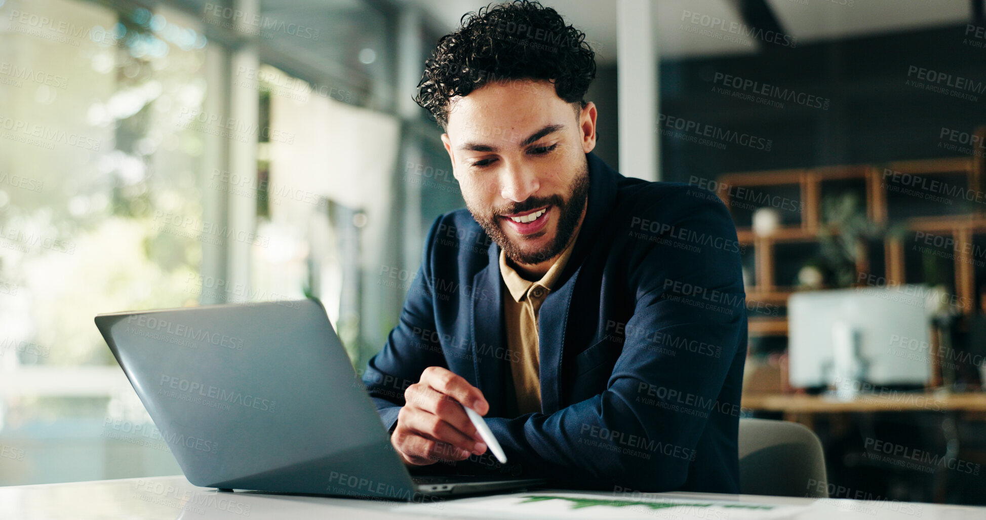 Buy stock photo Laptop, thinking and businessman in office with data, charts or graphs for finance statistics. Computer, ideas and male financial manager with profit, revenue or forecasting for investment planning.