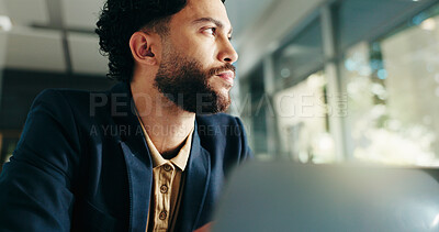 Buy stock photo Thinking, laptop and businessman in office for planning, solution and problem solving for investment. Corporate, professional and person on computer for financial review, strategy and decision