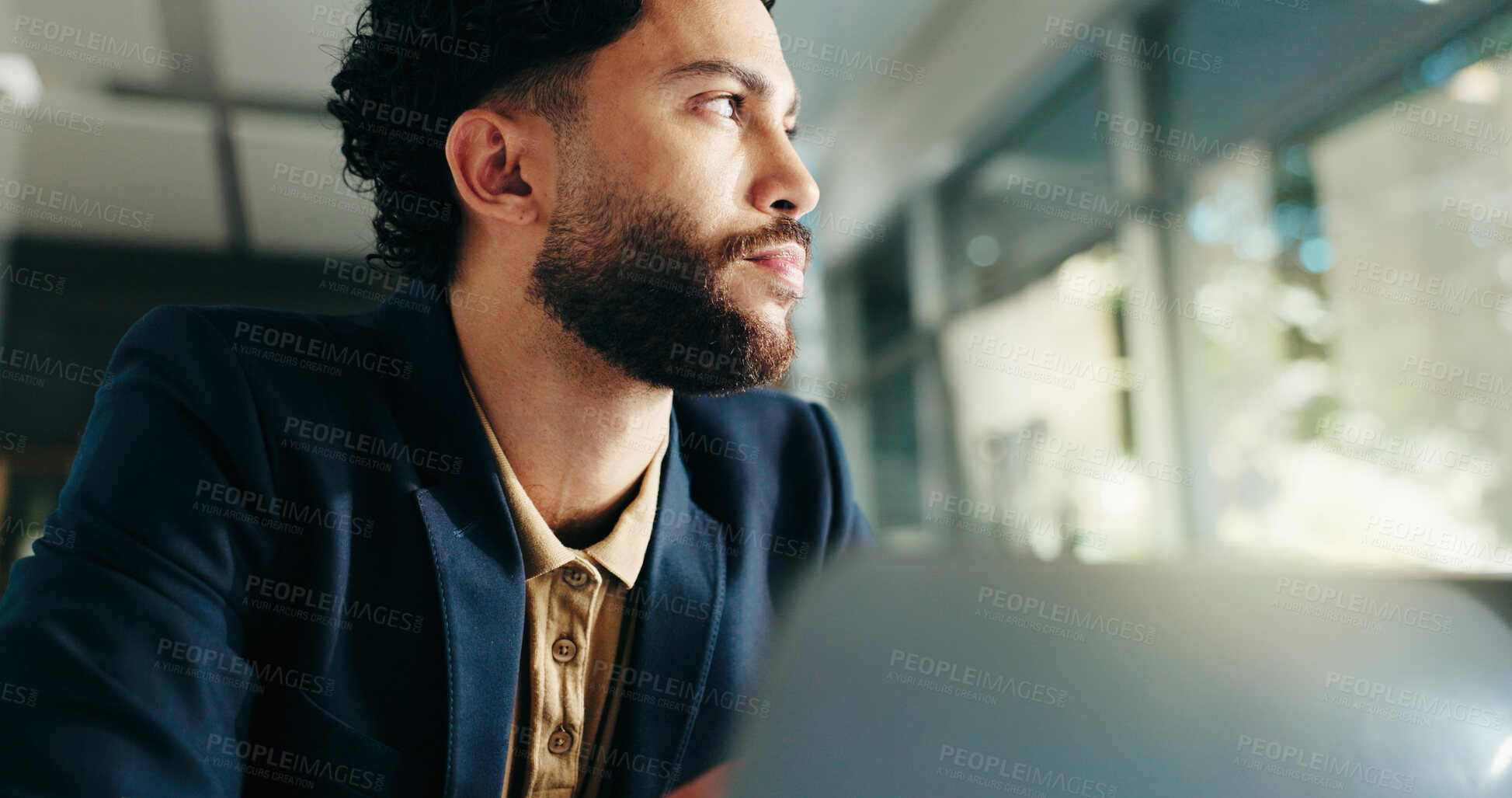 Buy stock photo Thinking, laptop and businessman in office for planning, solution and problem solving for investment. Corporate, professional and person on computer for financial review, strategy and decision