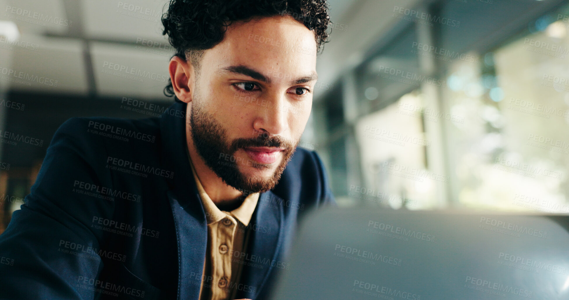 Buy stock photo Reading, businessman or research on laptop for news, account management or financial report. Office, review or finance accountant with technology for taxes compliance, investment project or auditing