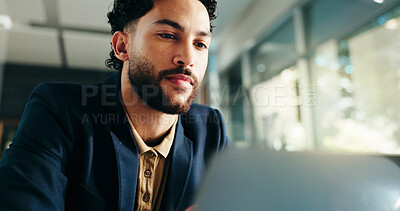 Buy stock photo Below, businessman or reading on laptop for review, account management or financial report. Auditor, research or finance accountant with technology for tax compliance, investment project or auditing