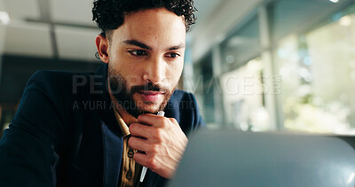 Buy stock photo Thinking, happy and businessman on laptop in office for solution, planning or problem solving for investment. Corporate, professional and person on computer for financial review, strategy or decision