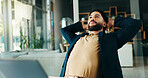 Relax, laptop and stretching with business man in office for negotiation closer, idea and success. Resting, client achievement and email good news with person in agency for calm and project 