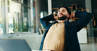 Buy stock photo Relax, laptop and stretching with business man in office for negotiation closer, idea and success. Resting, client achievement and email good news with person in agency for calm and project 