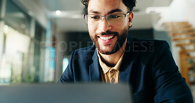 Buy stock photo Auditor, happy or businessman with laptop for reading budget, auditing or finance career. Financial review, online or investment banker with smile in office for wealth management, taxes and equity