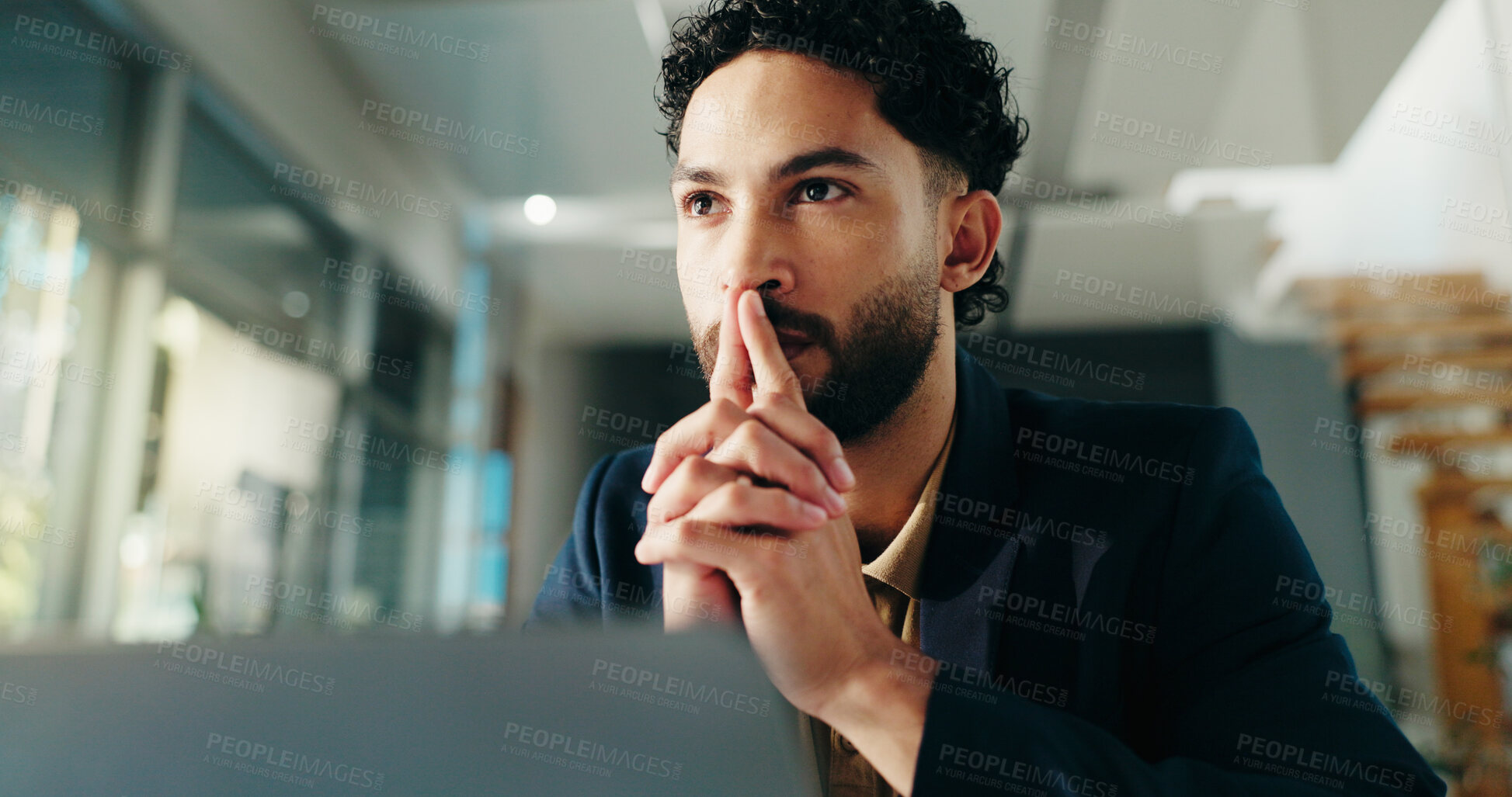 Buy stock photo Thinking, laptop and business man with idea for solution, planning and problem solving for investment. Corporate, professional and person on computer for financial review, strategy and decision