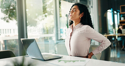 Buy stock photo Business, woman and laptop with back pain in office for bad posture, muscle sprain and accounting. Female person, discomfort and spinal injury for fibromyalgia, joint inflammation and finance manager