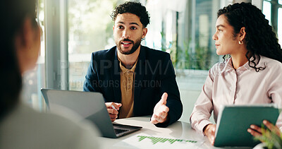 Buy stock photo Group, people and meeting with laptop in office for finance report, ideas and investment pitch. Man, explain and document with team for profit growth, revenue and chart results for financial proposal