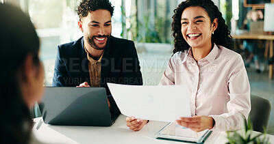 Buy stock photo Happy people, review and meeting with documents in office for finance report, ideas and investment pitch. Feedback, smile and paper with team for profit growth, revenue results or financial proposal