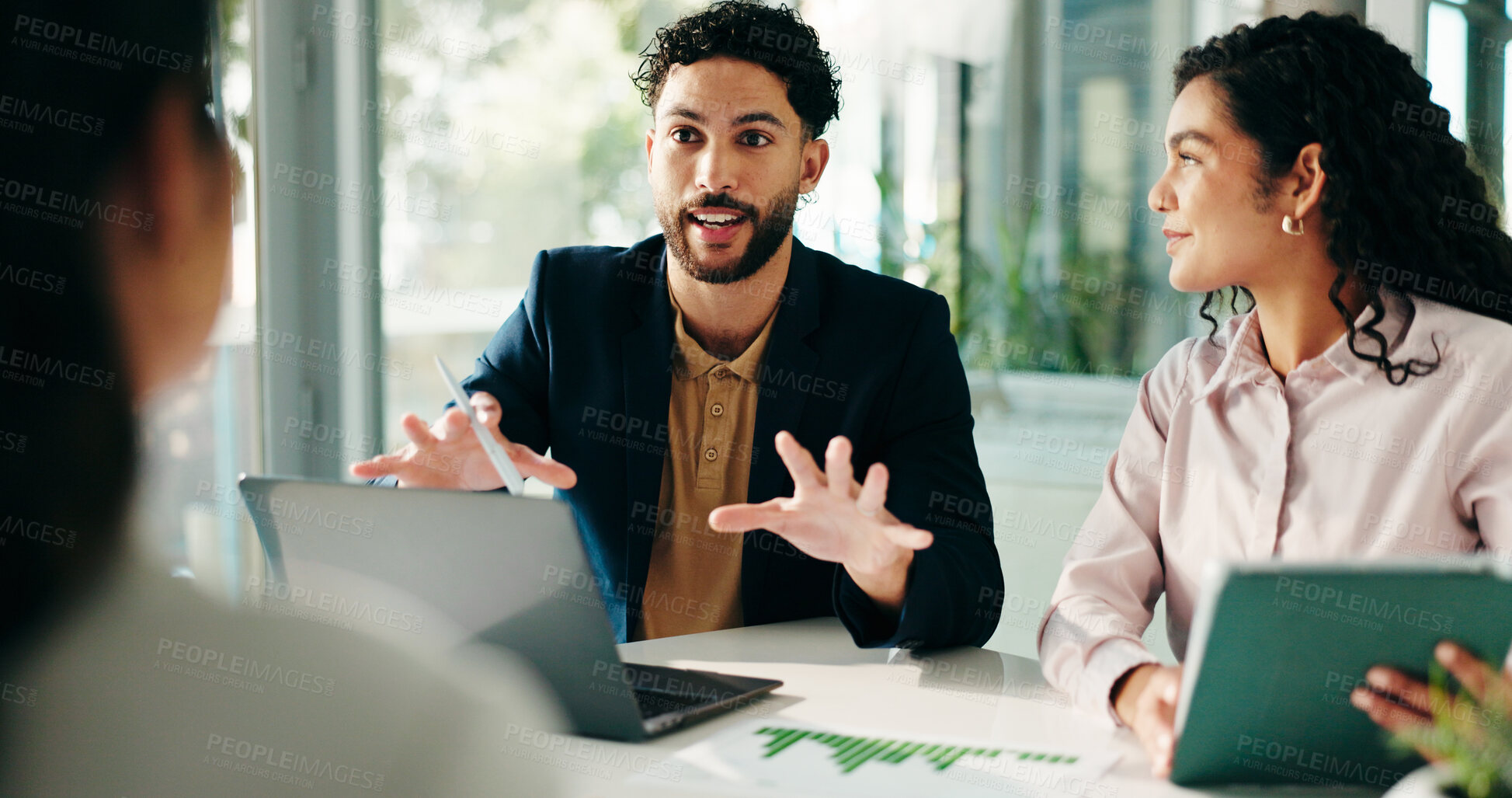 Buy stock photo Business, people and meeting with laptop in office for finance report, ideas or investment pitch. Man, explain or document with team for profit growth, revenue and chart results of financial proposal