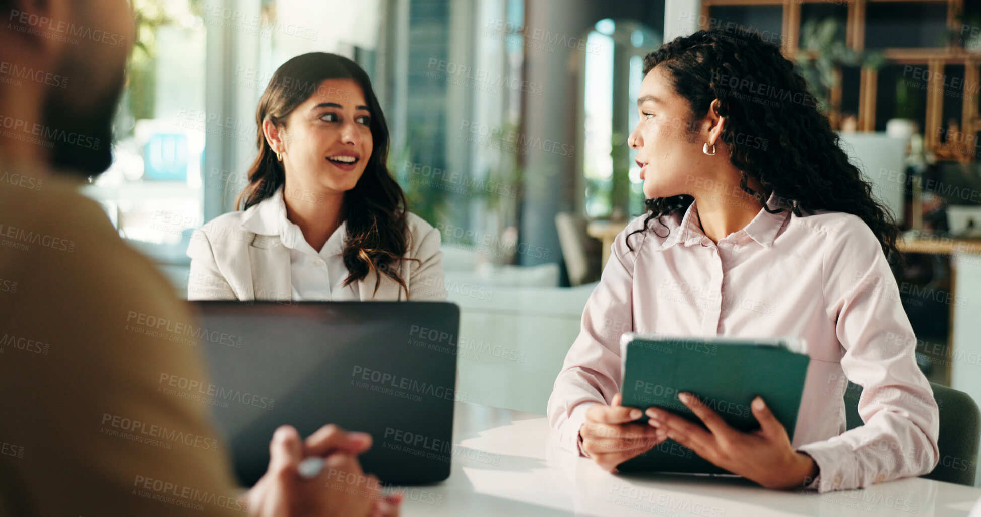 Buy stock photo Business, women and meeting with laptop in office for finance report, ideas and investment pitch. People, explain and online with teamwork for research, information and briefing of financial proposal