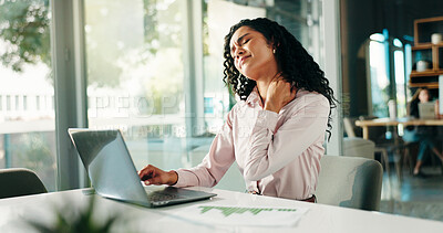 Buy stock photo Business, woman and laptop with neck pain in office for bad posture, muscle sprain and accounting. Female person, discomfort and spinal injury for fibromyalgia, joint inflammation and finance manager