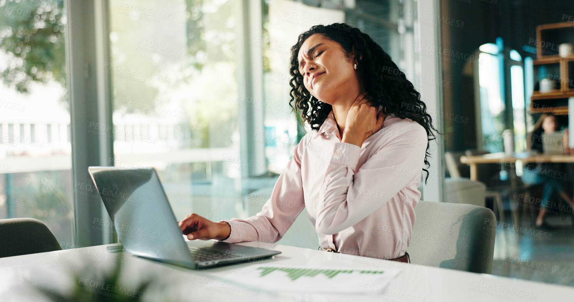 Buy stock photo Business, woman and laptop with neck pain in office for bad posture, muscle sprain and accounting. Female person, discomfort and spinal injury for fibromyalgia, joint inflammation and finance manager