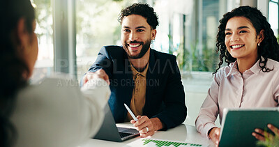 Buy stock photo Happy, businessman and meeting with handshake or tablet for deal, partnership or opportunity. Business people, team or employees shaking hands with smile or technology for agreement or hiring recruit