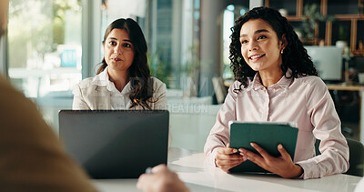 Buy stock photo Business, women and meeting with tech in office for finance report, planning and investment pitch. Smile, people and online with team for brainstorming, profit growth and revenue feedback of proposal