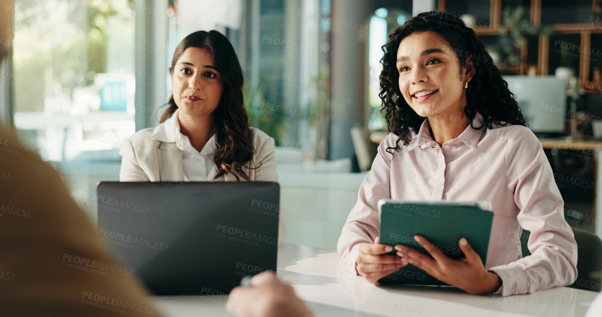 Buy stock photo Business, women and meeting with tech in office for finance report, planning and investment pitch. Smile, people and online with team for brainstorming, profit growth and revenue feedback of proposal