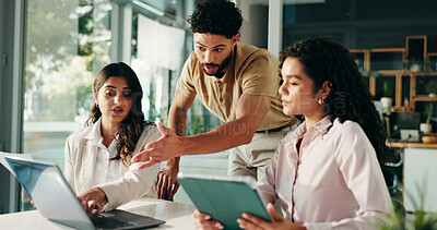 Buy stock photo People, talking or review in meeting with laptop in office for finance report, research and investment. Feedback, explain and leader with team for profit growth, revenue results or financial proposal