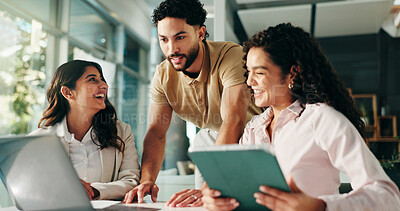 Buy stock photo Laughing, meeting and colleagues with tablet, office and humor for project, collaboration and group. Happy, marketing coordinator and people with tech for campaign, teamwork and employees with jokes