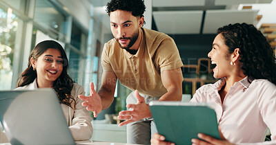 Buy stock photo Businessman, women and laptop in office with team, tablet and talk for review at creative agency. People, group and leader with staff, planning and feedback with smile, agenda or support at startup