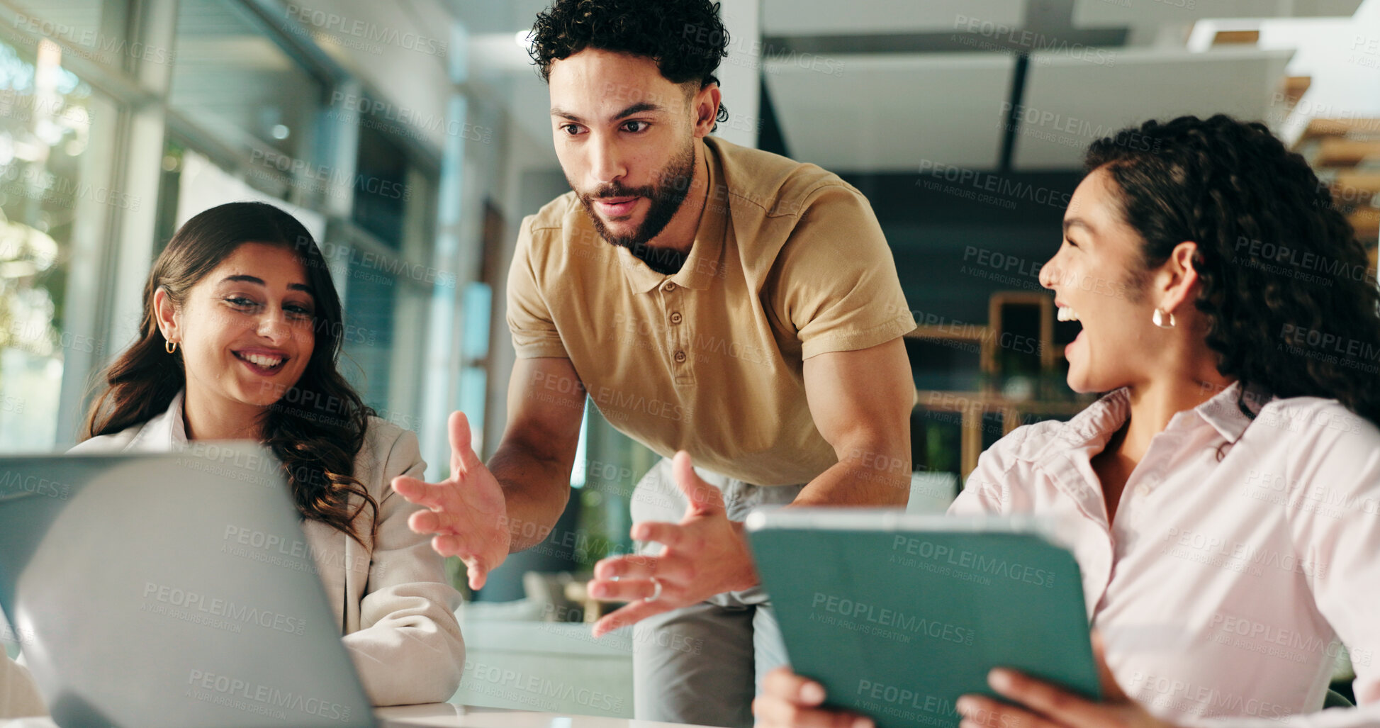 Buy stock photo Businessman, women and laptop in office with team, tablet and talk for review at creative agency. People, group and leader with staff, planning and feedback with smile, agenda or support at startup