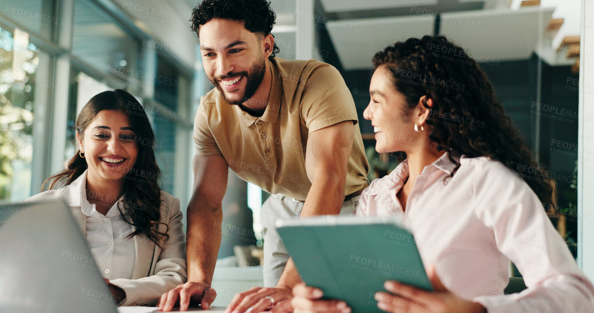 Buy stock photo Laughing, meeting and colleagues with tablet, collaboration and humor for project, group and office. Happy, marketing coordinator and people with tech for campaign, teamwork and employees with jokes
