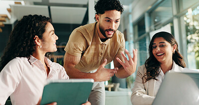 Buy stock photo Businessman, women and laptop in office with team, tablet and talk for deal at creative agency. People, group and leader with staff, planning and solution with smile, agenda or support at company