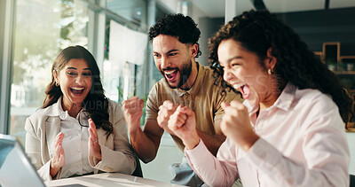 Buy stock photo Teamwork, excited business people and celebration with laptop for success, target or fist pump. Happy workers, group cheering or victory with computer in office for goal achievement, win or clapping
